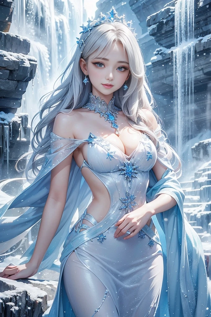 wood, Exquisite mini ice spikes and crystals, A frozen waterfall in the background, Light reflected by ice crystals, Flowing snowflakes、pretty girl,Small and beautiful breasts,Beautiful cleavage、Beautiful dress