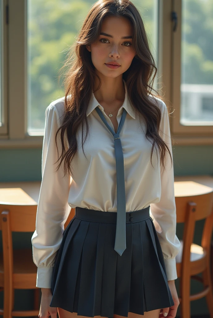 Beautiful young Ellen, cotton shirt, pleated skirt, dark tights, Uwabaki, from The Last of Us part 1, game, hyperrealistic, 14 years old, model body, small breasts, beautiful breasts, long hair, braided hair, long legs , 8k, detailed scenery, classroom full of students, fire, sunlight sun, ambient lighting