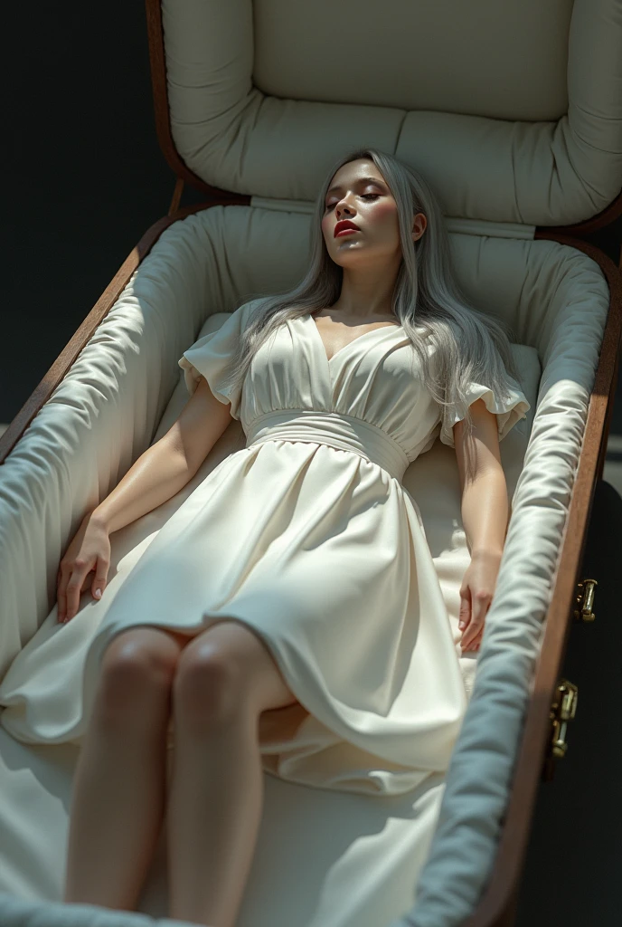witch,  visage magnifique, yeux bleus, very pale, emaciated, folle, lying in a coffin