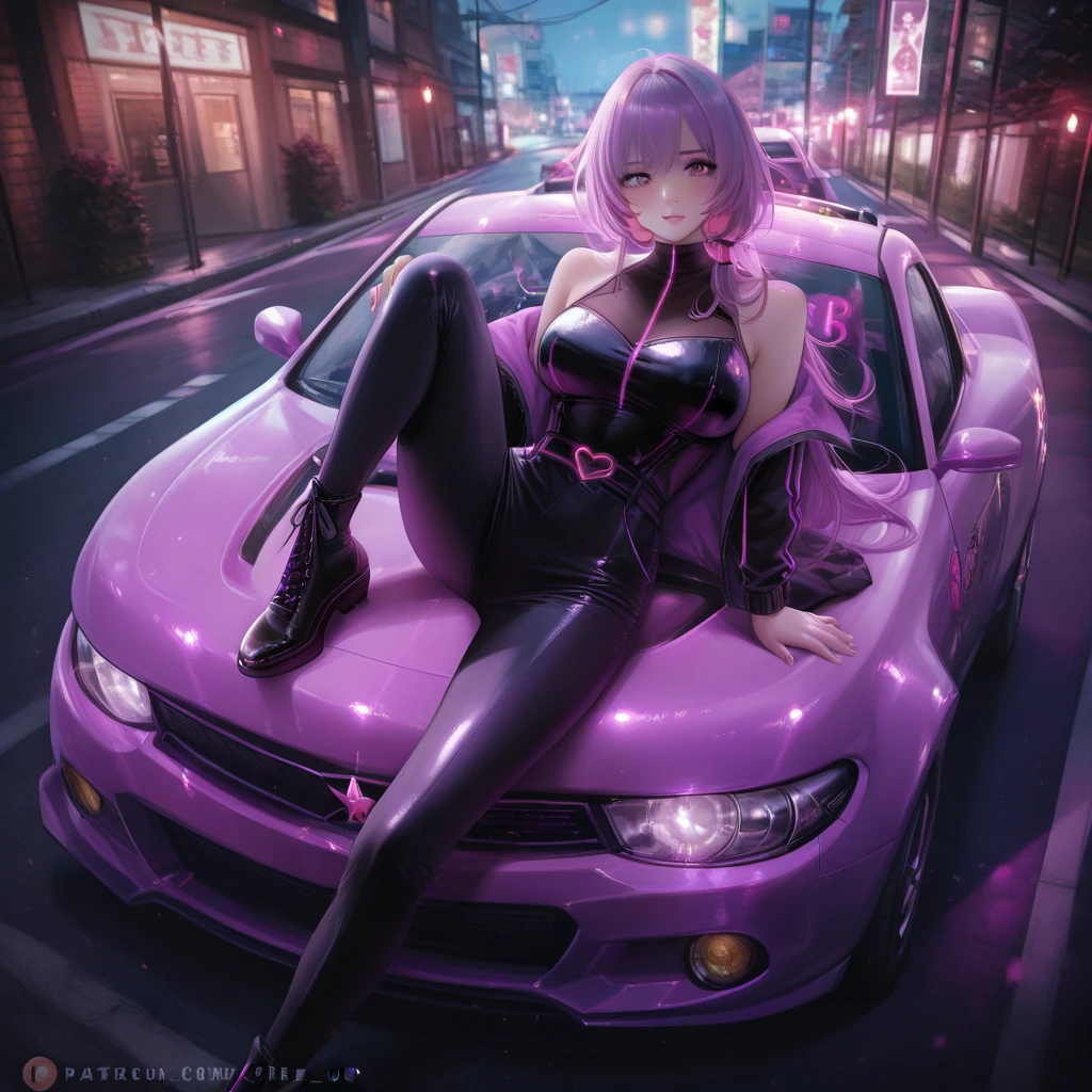 A full body photo of a girl with very large breasts with her Dodge Charger in the street taking pictures of herself and her car