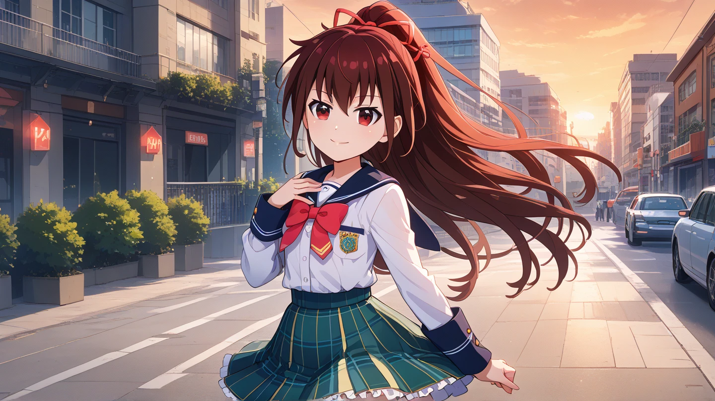 (masterpiece, best quality), highly detailed background, perfect lighting, best quality, batogayuri, solo, looking at viewer, hand_on_chest, smile, closed mouth, brown hair, high ponytail, hair ribbon, red ribbon, hair between eyes, very long hair, red eyes, flat chest, collared shirt, white shirt, yellow bowtie, long sleeves, green skirt, plaid skirt, school uniform, standing, outdoors, Los Angeles (city), building, road, sunrise,