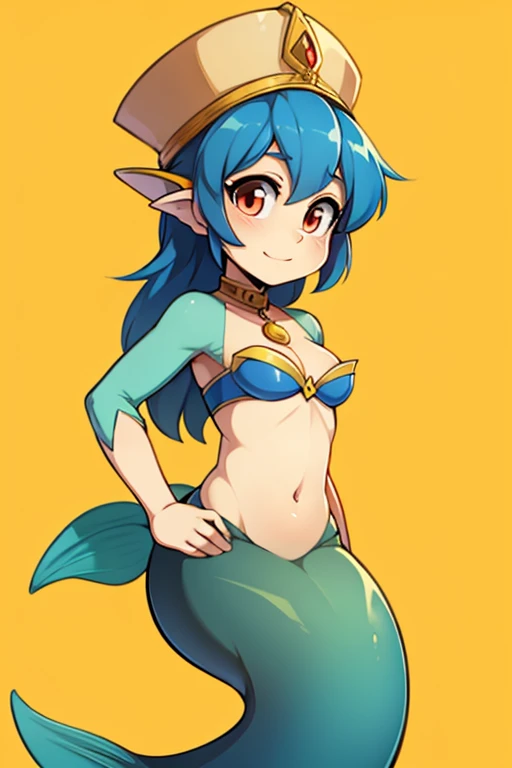 cute young girl, light blue hair, long hair, small braids hair, yellow eyes, dragon horn, dragon tail, elf ear, muscular body, small breast, sexy body, bikini, sexy pose, blushing, smile