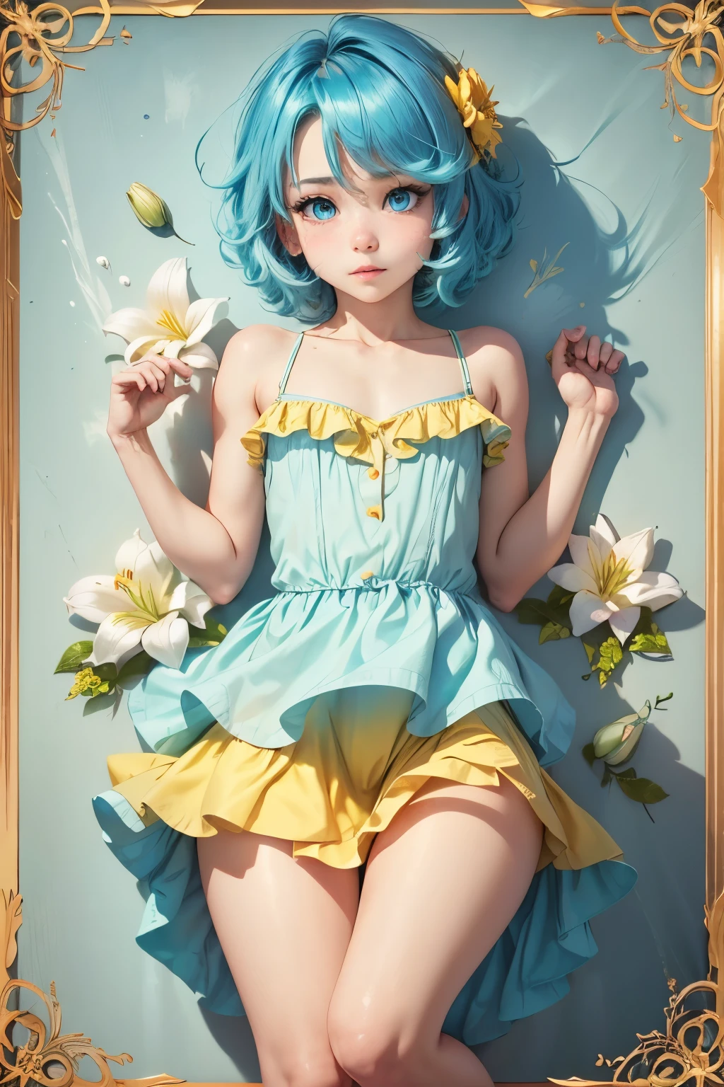 Femboy, otoko no ko, blue aqua hair, short hair, flat chest, sexy body, cute face, Shy face, hot fose, sexy fose,blue eyes, frilled dress, short dress, yellow dress, Lily flower background frame 