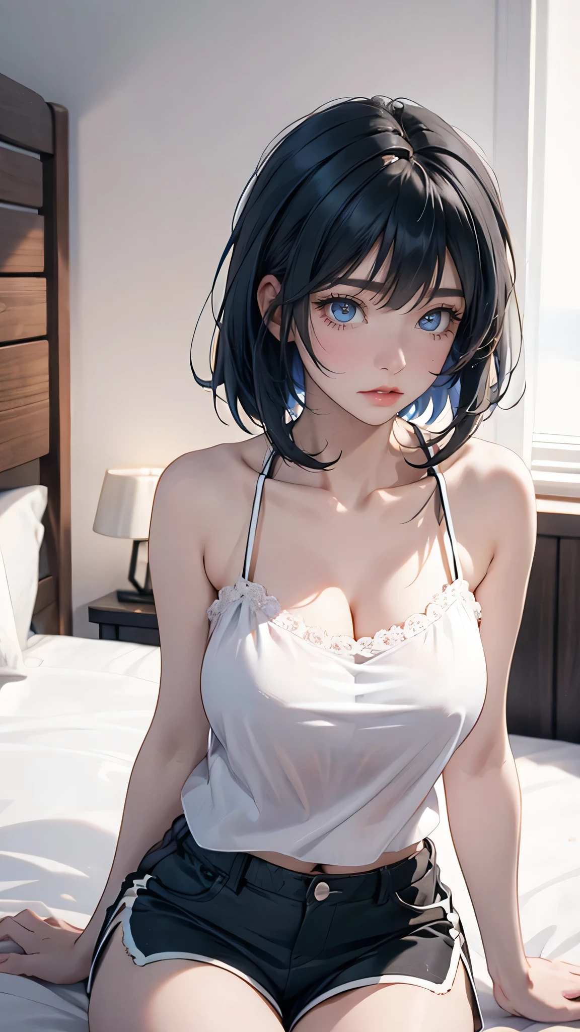 absurdres, RAW photo, extremely delicate and beautiful, masterpiece, Best Quality, ultra high resolution, 32k, hyperrealistic, ultra-detailed, in her 20s, delicate facial features, tearful mole, earring, medium breasts, full body shot, shorter middle hair, black hair, strapless-white-shirt, denim-short, snapback-hat,