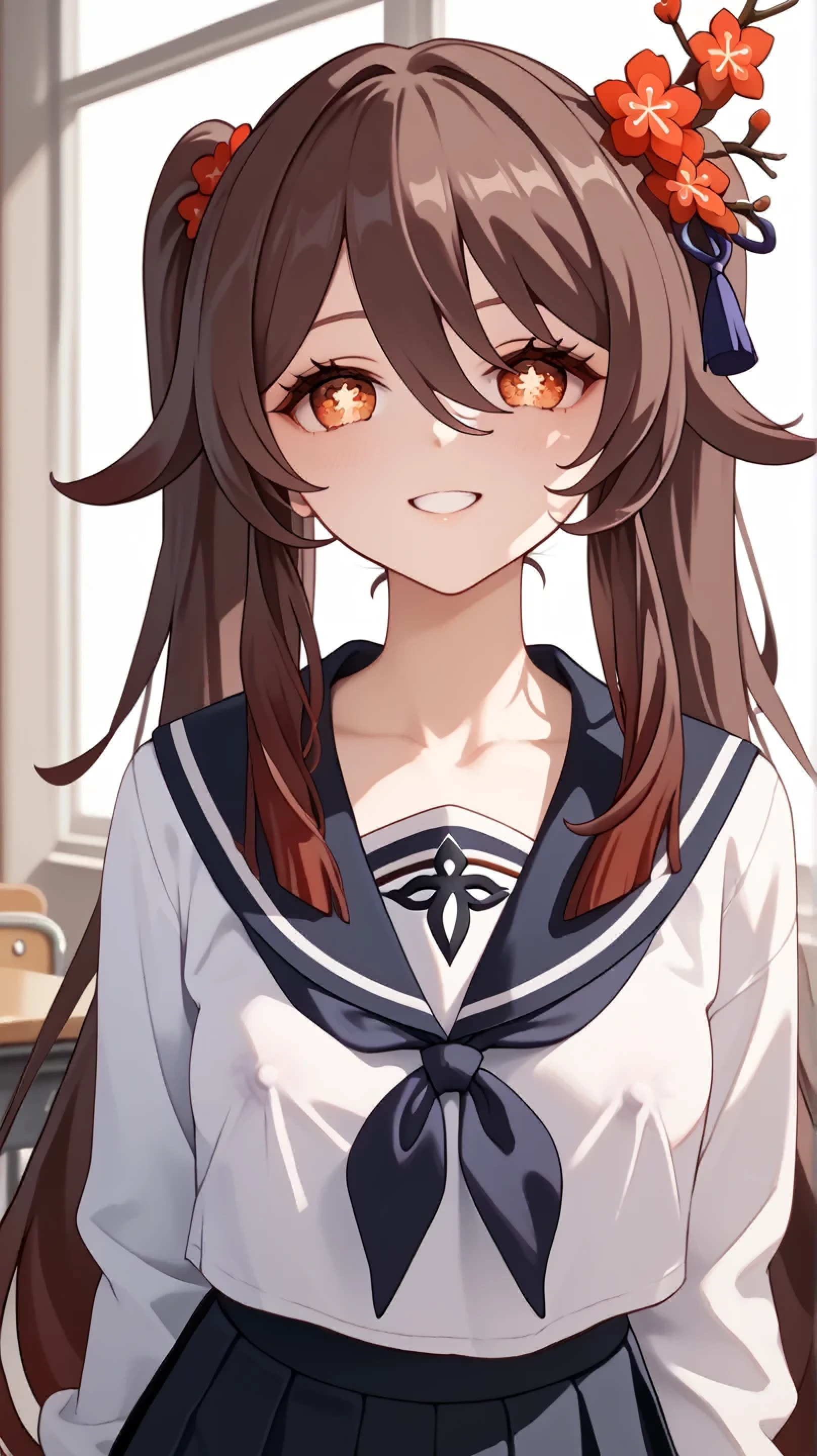 (masterpiece), best quality, expressive eyes, perfect face, 1 girl, solo, ((GENSHIN IMPACT)), ((HuTao)), school uniform, erect nipples, nsfw, front view,