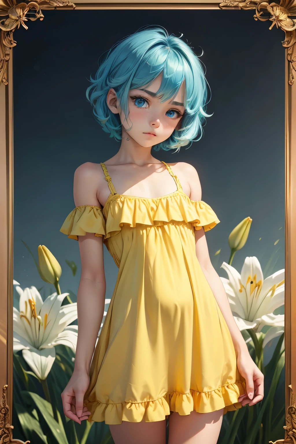 Femboy, otoko no ko, blue aqua hair, short hair, flat chest, sexy body, cute face, Shy face, blue eyes, frilled dress, short dress, yellow dress, Lily flower background frame 