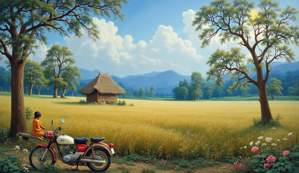 The image is a impressionism style with vivid colors. It shows a beautiful landscape of a rice field with a small hut in the center. The hut is made of straw and has a thatched roof. There is a old Honda motorcycle parked in front of the hut and a person sitting on a bench. The sky is foggy and there are palm trees in the background. The overall mood of the image is peaceful and serene.