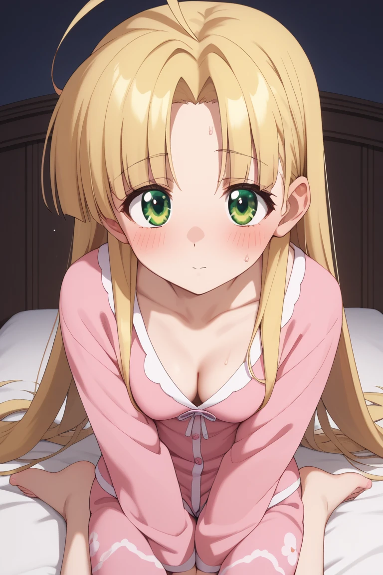 Masterpiece, (Best Quality), Alone, (Young Woman), Solo, Blonde Long Straight Hair, Big, Dog Ears, (Golden Eyes), (Pajamas with green and white stripes), Barefoot, Smiling gently, Slightly open eyes, Sweating a lot, Hands outstretched to us, (Lying on the back), (Very dark)), (Midnight Room))), On the bed, (Image of upper body only)