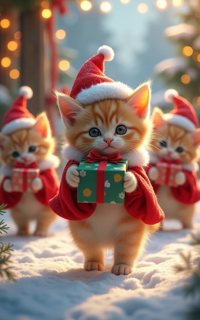   Kittens   、  Wear Santa Claus Outfits、Distribute gifts on behalf of Santa Claus