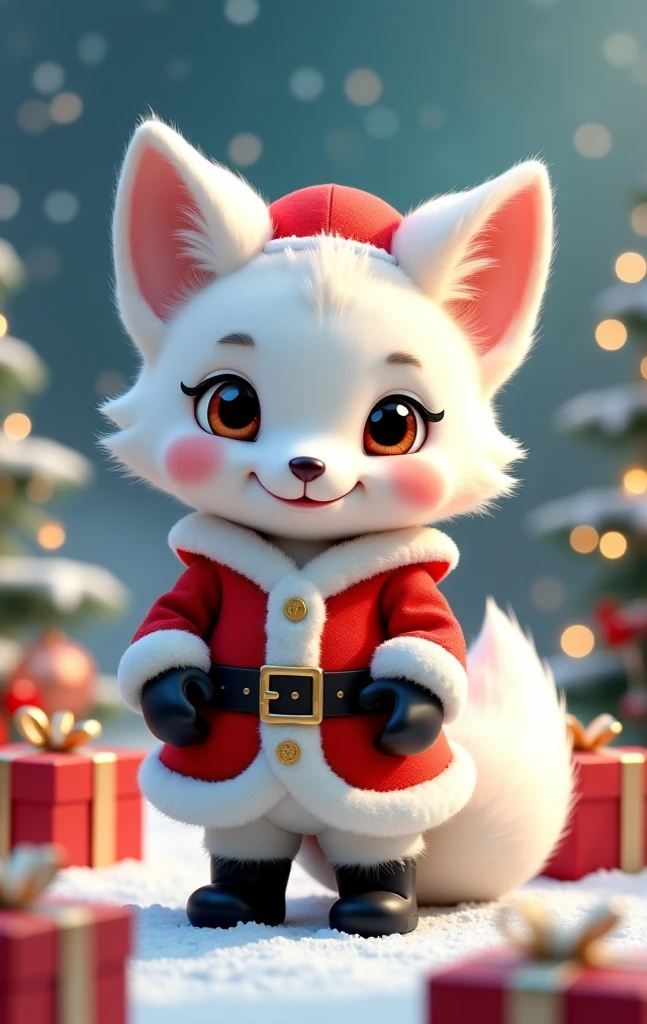 Masterpiece:1.2，   animated illustration   ，，  cute，((  White  Fox  ))，   detailed explanation   ，  wearing a Santa Claus costume ， is handing out presents in place of Santa Claus