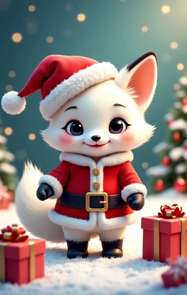 Masterpiece:1.2，   animated illustration   ，，  cute，((  White **** Fox  ))，   detailed explanation   ，  wearing a Santa Claus costume ， is handing out presents in place of Santa Claus