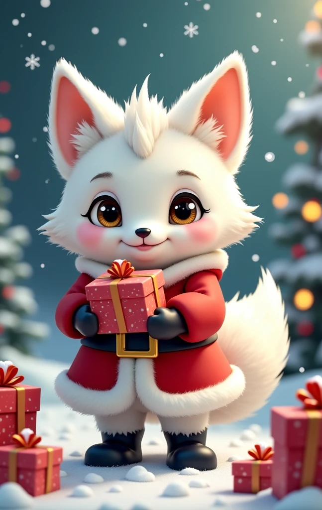 Masterpiece:1.2，   animated illustration   ，，  cute，((  White  Fox  ))，   detailed explanation   ，  wearing a Santa Claus costume ， is handing out presents in place of Santa Claus