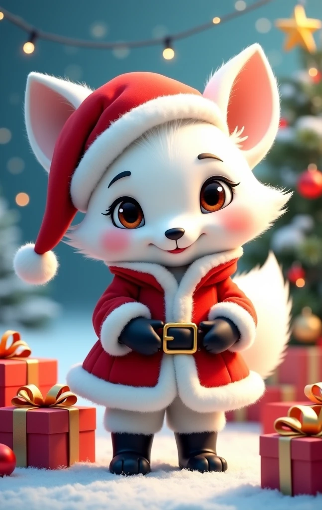 Masterpiece:1.2，   animated illustration   ，，  cute，((  White  Fox  ))，   detailed explanation   ，  wearing a Santa Claus costume ， is handing out presents in place of Santa Claus