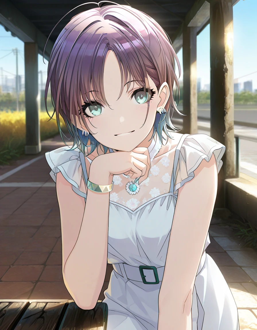 score_9, score_8_up, score_7_up, source_anime,asakura toru, short hair, brown hair, blue hair, blue eyes, 1girl, solo, dress, looking at viewer, ahoge, jewelry, earrings, smile, white dress, parted bangs, bracelet, sleeveless dress, masterpiece,best quality, good quality, ,1girl,outdoors,  shanimas,                                                                                                                                                         