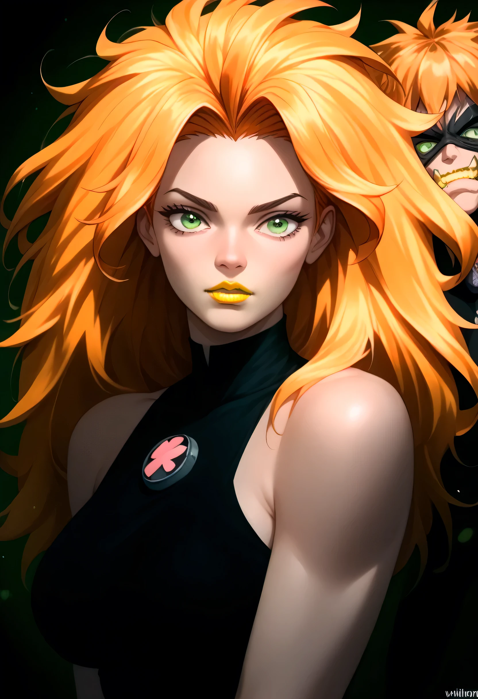 woman, big breasts, yellow lipstick, anime style, orange hair, beast, strong, white skin, loose hair, spiky hair, long hair, green eyes, focus on face, wild, fierce, Wildmutt, Vulpimancer 