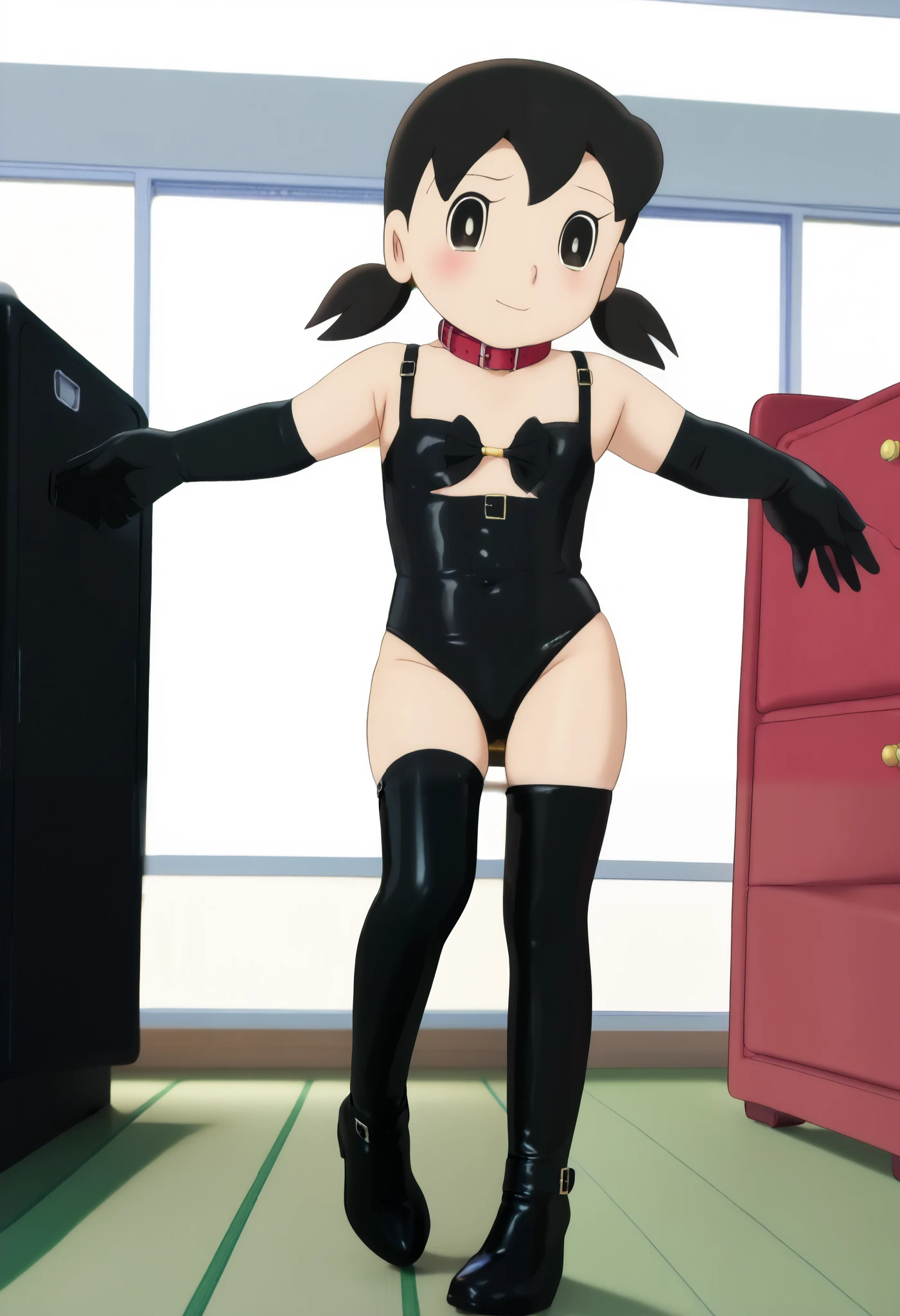 flat colors, superheroine, ((1girl, solo)), light skin, red eyes, black hair, bob cut, blunt bangs, short hair, ((turtleneck, skin tight leotard, latex leotard, black lipstick, black eyeshadow)), ((long sleeve leotard, highleg leotard, black leotard, cameltoe, bare legs, black boots)), serious face, hands on hips, standing, full body, ((seen from below, dynamic angle)),scttp
