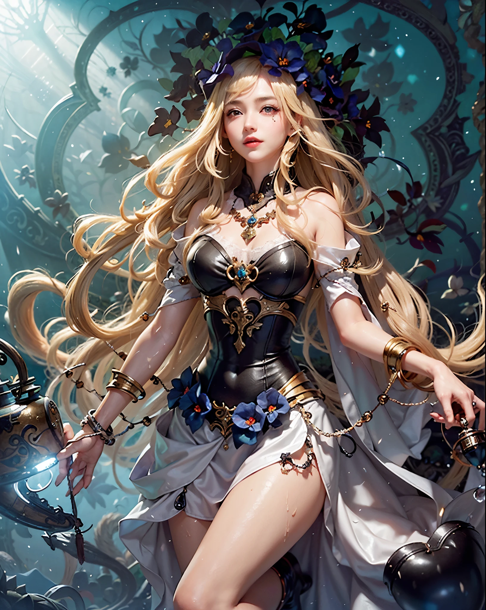 (masterpiece、top-quality、top-quality、offcial art、Exquisite and beautiful:1.2)、(1 girl in)、The is very detailed、(s fractal art:1.3)、Colorful、highest details, nine tail fox, 9 White, black fox ears, Devil cat eye, A fox inspired by a Japanese deity, Fantasy Fairy Transparent Clothes, Carefully embellished with gold, Fantasy Japan Background, gently smiling, the super hot and sexy, Large breasts, anatomically co, slender wrists and broad hips, soft expression, A smile, sliver long hair, swell sea, facing the front there, The hair is falling apart