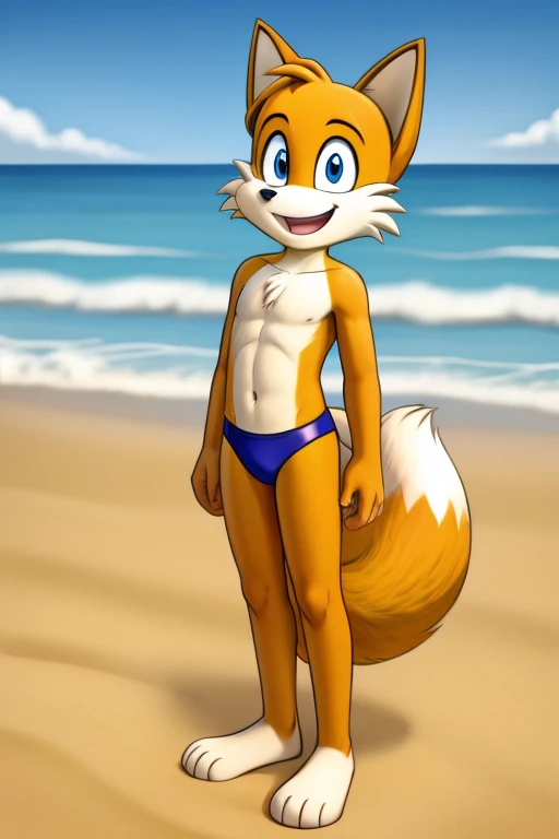 score 9 up, score 8 up, score 7 up, source_furry, solo, tails (sonic), furry male, fox boy, fox tail, orange fur, smile, looking at viewer, five fingers, nsfw, beach, blue speedo, tight swimwear, standing, topless, no top