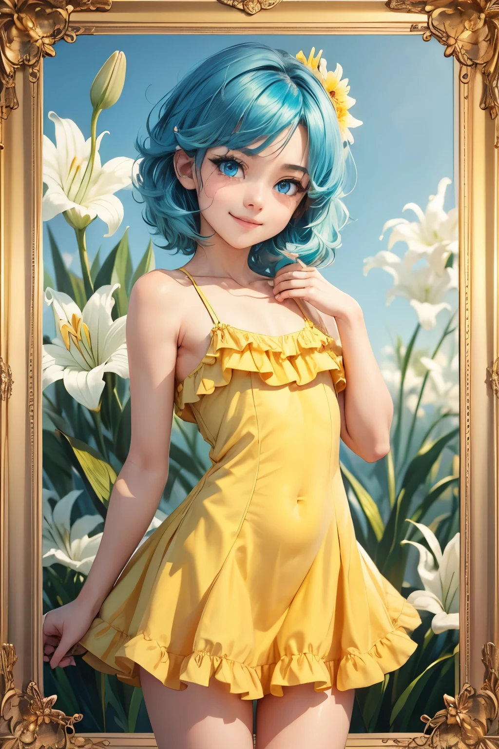 Femboy, otoko no ko, blue aqua hair, medium hair, flat chest, sexy body, cute face, smile,Shy face, blue eyes, frilled dress, short dress, yellow dress, Lily flower background frame 