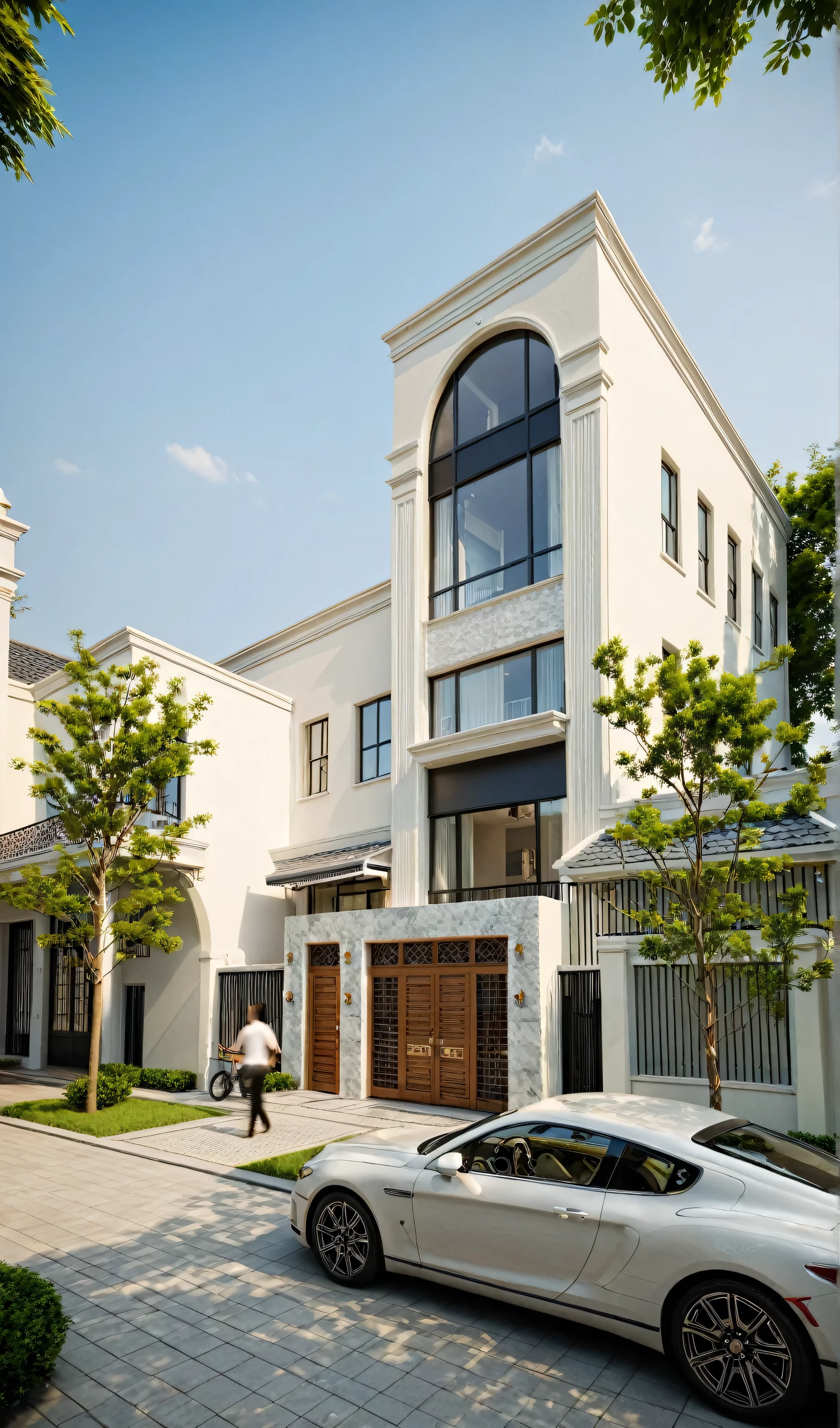 The image depicts a neoclassical two-story house with a white facade and tiled roof. Key features include:

- **Structure and Design:** Rectangular shape, elegant neoclassical details like decorative moldings and a small balcony.
- **Roof:** Dark-colored tiled roof with decorative finials.
- **Entrance:** Large arched doorway with carved wooden double doors and formal steps.
- **Windows:** Dark-framed, regularly spaced for symmetry.
- **Balcony:** Ornate metal railing and space for potted plants, covered by a white pergola.
- **Landscaping:** Greenery including trees and shrubs softens the architecture; stylized trees near the entrance.
- **Wall and Gate:** Low decorative wall encloses the property with a likely gate for access.

Overall, the house exudes classic elegance, complemented by landscaping and promotional context in Vietnamese., Best Quality,Masterpiece, UHD, 8k, Stunning,Eye-catching,Sharp edge render, Award winner design in 2024, Photorealistic, High-Resolution, Detailed, Accurate, Vibrant, Dynamic Lighting, Textured, Perspective, Atmospheric, Contextual, Balanced Composition, Material Realism, Interactive, Immersive, Narrative, Minimalist