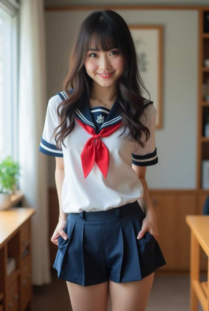 (masterpiece, best quality:1.2), 1 girl, ** yo, solo, wearing sailor uniform, cute expression, detailed uniform, sailor collar, pleated skirt, talking in the classroom , sexy collaboration 