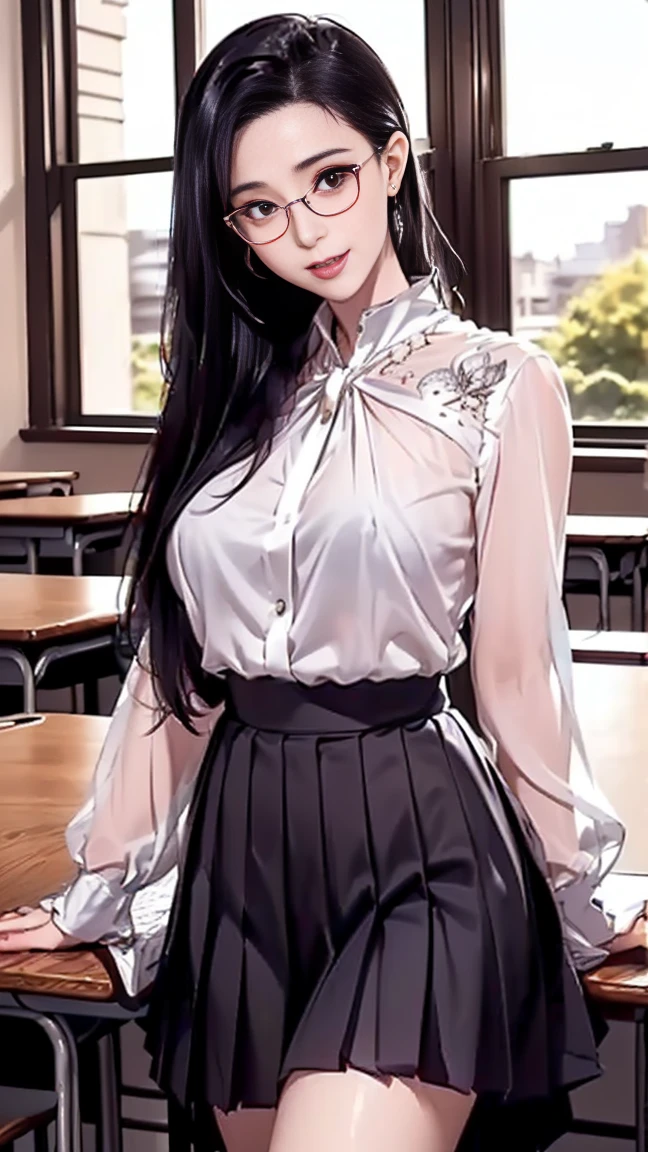 maximum resolution, ultra high definition, (delicate eyes and skin), (detailed facial features), sharp focus, cute face, perfect body, anatomically correct, Highly detailed face and skin texture, dark blue eyes, double eyelid, thin eyebrows, shiny skin, sparkly earrings, bracelets, glossy lips, Very cute high school girl, smile, long wavy hair, light brown hair, library, low angle shot, large breasts, thigh highs, white shirt, black pleated miniskirt, (looking back at viewer)