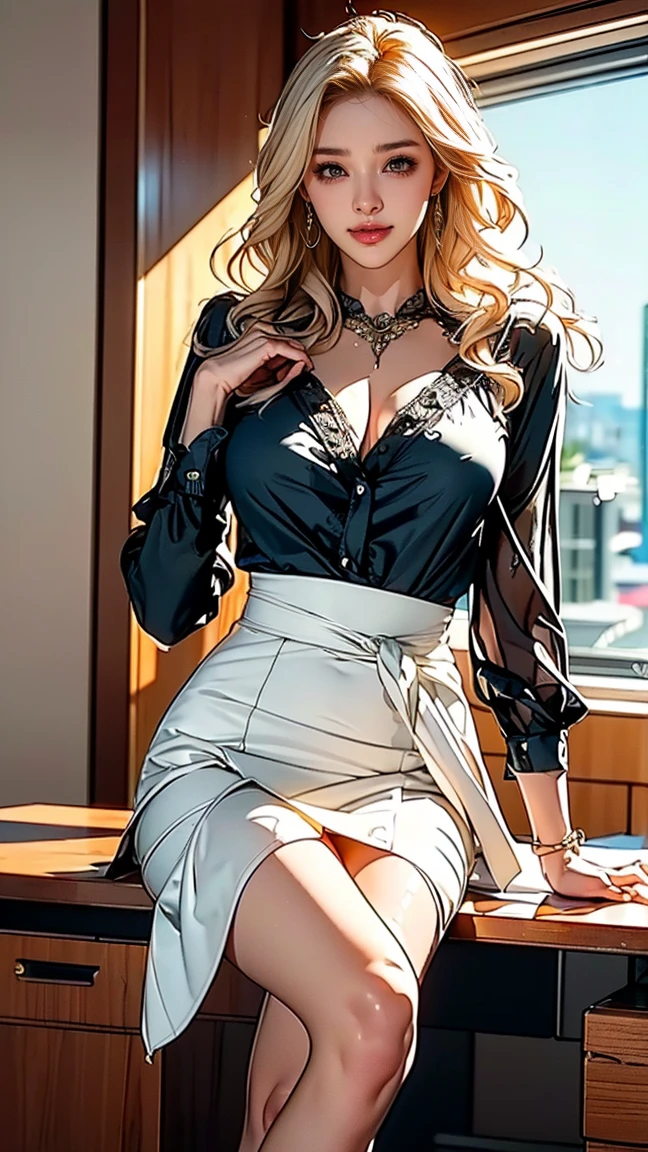Woman, blondie hair, 29-years-old, open dress shirt, big neckline, mini skirt, sitting, legs spread open, pantyrose, pussy