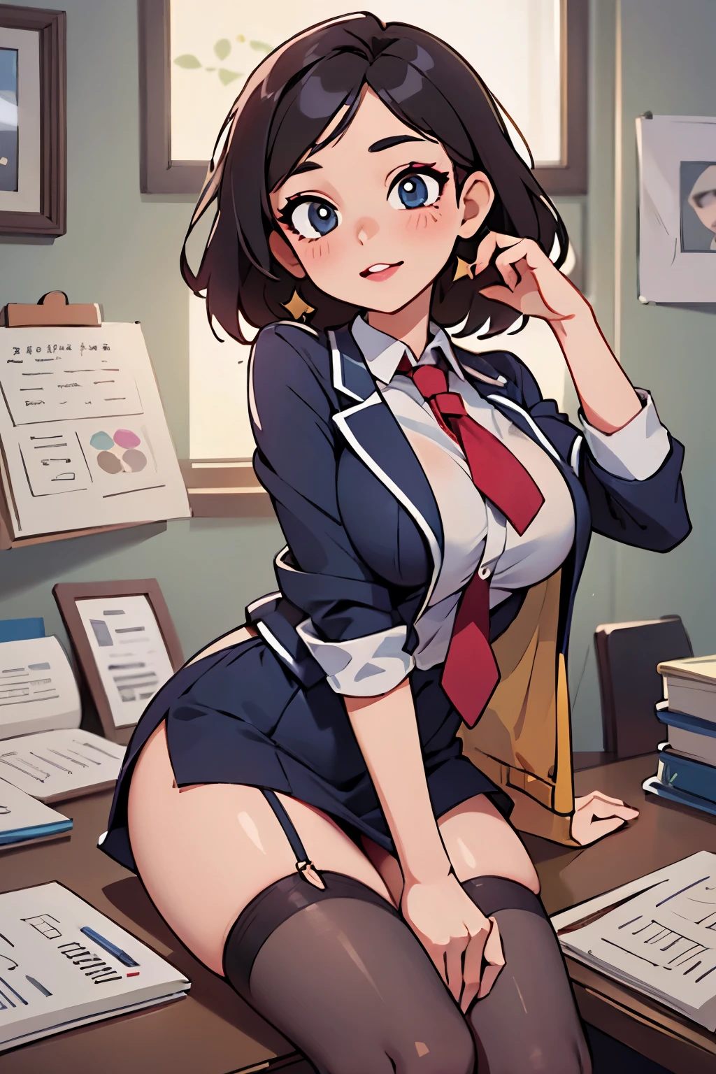 Browsing Caution, (Official Art、highest quality、Unity 8k wallpaper、32k、masterpiece、Ultra-detailed、Ultra-high resolution、Realistic、Photorealistic:1.2)、(Natural soft light:1.2)、Fire Glow Effect、Film Grain、Best Shadow、Side light、Side Shot、(Highly detailed and intricate 3D rendering)、Beautiful face and eyes in every detail、Sharp pupils、Realistic pupils, nipples and breasts、smile、High heels、Woman in skirt and shirt sitting on the desk, Office Clothes, on the desk, Sit at a desk, Sitting at a desk,Bent knees、Spread your legs、Spread your legs、Panty shot、 Business casual attire, Sexy、Business attire, At work, Wearing a suit and glasses, Fully clothed, business attire, Embarrassing, smile、business suit、Cleavage、Sexy、