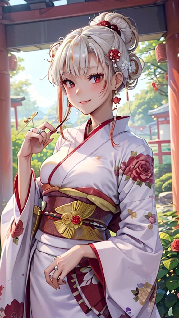 A masterpiece, ultra high definition, ultra HD quality, the most beautiful woman in history, anime, slender body, (large breasts), tall height, small face, well-balanced proportions, Brown skin, (shiny white hair:1.2), (((Updo hair:1.3))), (very long bangs), (has beautiful shining eyes), (clear red eyes), (((shining highlights:1.3))), long eyelashes, pink lips, beautifully precise and delicate hand and finger creation, divine smile, (((Japanese kimono))), (((red colored furisode))), (((gorgeous floral kimono))), (purple rose accessory:1.2), ((Hairpin)), (small earrings, ring), upper body, beautiful standing posture like a fashion model, Japanese shrine, torii gate
