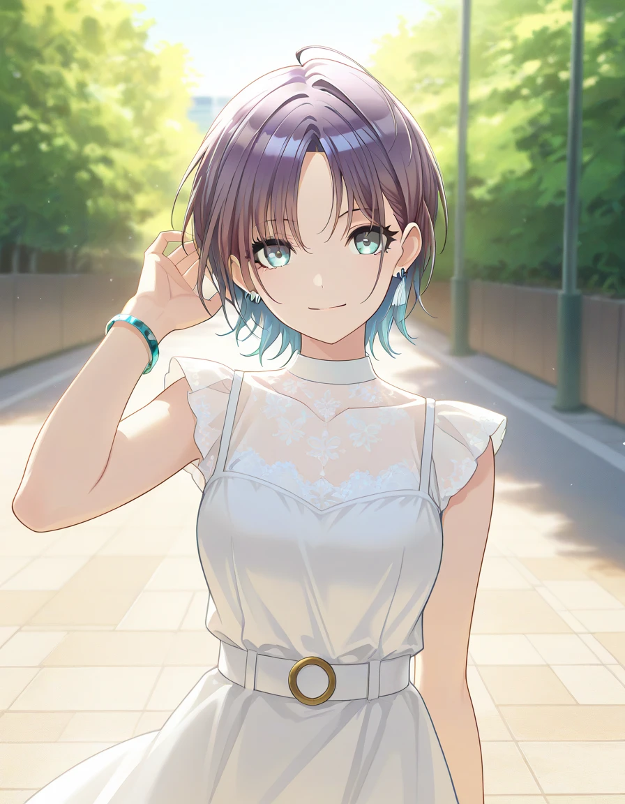 score_9, score_8_up, score_7_up, source_anime,asakura toru, short hair, brown hair, blue hair, blue eyes, 1girl, solo, dress, looking at viewer, ahoge, jewelry, earrings, smile, white dress, parted bangs, bracelet, sleeveless dress, masterpiece,best quality, good quality, ,1girl,outdoors,  shanimas,                                                                                                                                                         