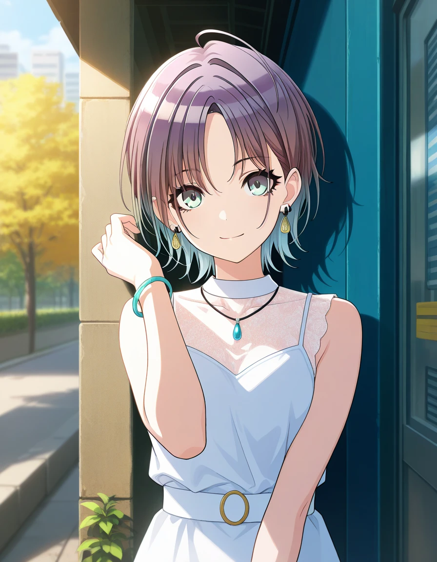 score_9, score_8_up, score_7_up, source_anime,asakura toru, short hair, brown hair, blue hair, blue eyes, 1girl, solo, dress, looking at viewer, ahoge, jewelry, earrings, smile, white dress, parted bangs, bracelet, sleeveless dress, masterpiece,best quality, good quality, ,1girl,outdoors,  shanimas,                                                                                                                                                         