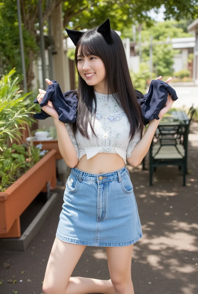 8K,Japanese,,Innocent face,Teenage GirlDenim mini skirt:1.3)、Her skirt is rolled up、Spread your legs wide、((Black panties),(Lace fabric)),, Exposed thighs、her belly button is visible、Good top、(Casual wear),Sitting,Spread your legs、Black Hair,garden,Hair Clip,smile,(Black Panties),