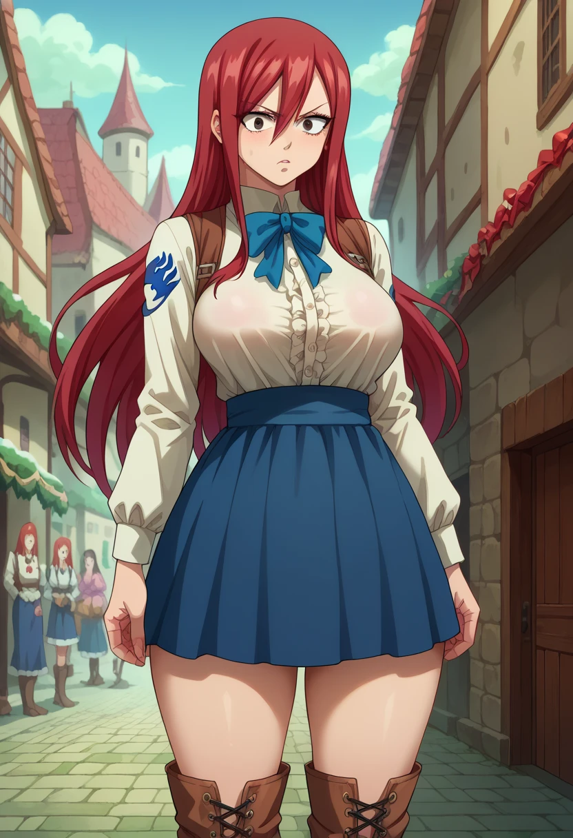 score_9, score_8_up, score_7_up,  1girl, One,  Erza Scarlet ,  long hair,  red hair,  hair between eyes ,  brown eye , skirt, shirt, a gift, boots, tattoo,  saggy breasts, naked boobs, frill, hips, long boots,  surprised face ,  spire flatts , Pink aura, aura around the body,  serious face,  standing device,  looking at you,  medieval village