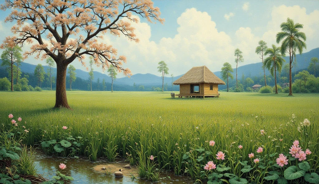  It shows a beautiful Vietnamese landscape of a rice field with a small Vietnamese straw roof hut in the center. The hut is made of straw and has a thatched roof. The sky is foggy and there are palm trees in the background. The overall mood of the image is peaceful and serene.