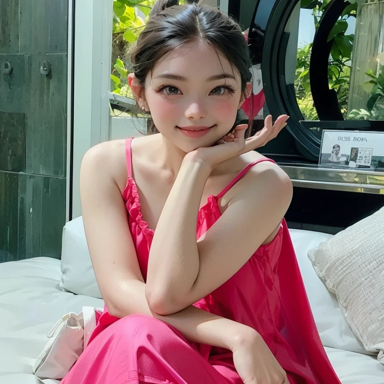 14 years old girl named mouni roy, wearing satin nightgown, face selfie taken on iphone, smile, without makeup, living room, instagram photo, sunkissed, sunlight, hair bun