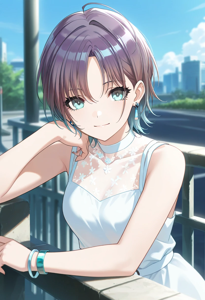 score_9, score_8_up, score_7_up, source_anime,asakura toru, short hair, brown hair, blue hair, blue eyes, 1girl, solo, dress, looking at viewer, ahoge, jewelry, earrings, smile, white dress, parted bangs, bracelet, sleeveless dress, masterpiece,best quality, good quality, ,,outdoors,  shanimas,                                                                                                                                                         