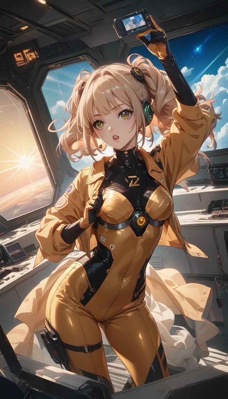 Unreal Engine:1.4,Ultra HD,best quality:1.4, Realistic:1.4, Texture:1.4, masterpiece:1.8,Girl with perfect face in yellow cyberpunk dress , semi-futuristic, Ladybug spot combination, Long tied blonde hair,Cyberpunk style:1.4 ,(space station:1.4),（Beautiful and detailed description of the eyes）huge , Crazy breast swelling, Chest larger than shoulder blades, Big breasts and thin waist，(huge breasts:1.2)，Hydrated skin（（rogue））（（非常huge乳房）），（（Grooves reveal original skin）)