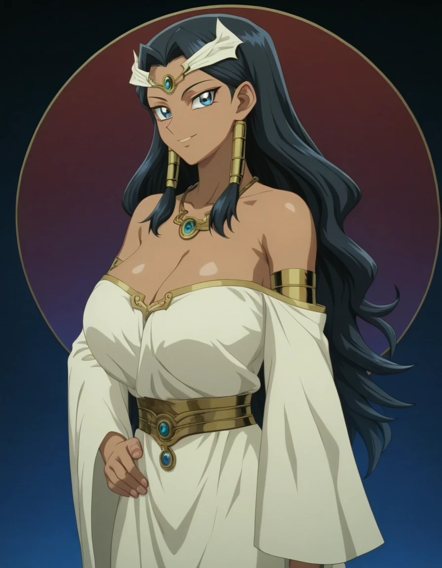 (high qualiy, Breathtaking),(expressive eyes, face perfect) 1 girl, Female, standing alone, grown-up, dark blue hair, white highlights in hair, skin tanned, clear light blue eyes, medium hair length, spiky and fluffy hair, wavy curly hair, black dress with gold details, Tunic, Greek goddess, ancient greek dress, greek clothing, symmetrical eyes, portraite, halfbody, positive expression, fundo cinza, chic, mellow, comely, soft smiling, hair between the eyes, SunsetHuman, collared
