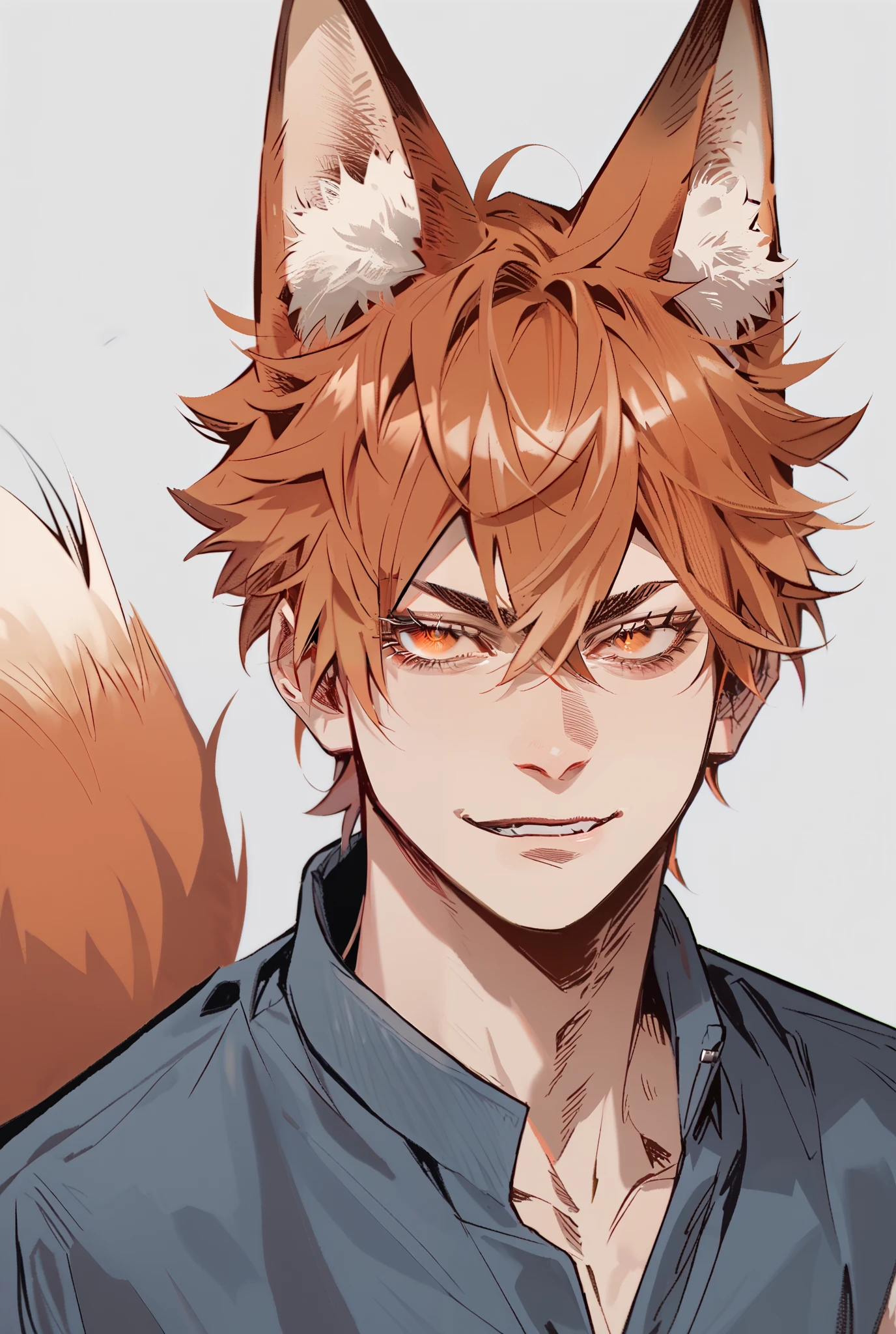 1man, Solo, Short Hair, Bangs, Hair Between Eyes, messy hair, orange hair, orange eyes, long eyelashes, keen eyes, smirk, fox ears, fox tail, simple background, slutty clotches, athletic body, ears please go away