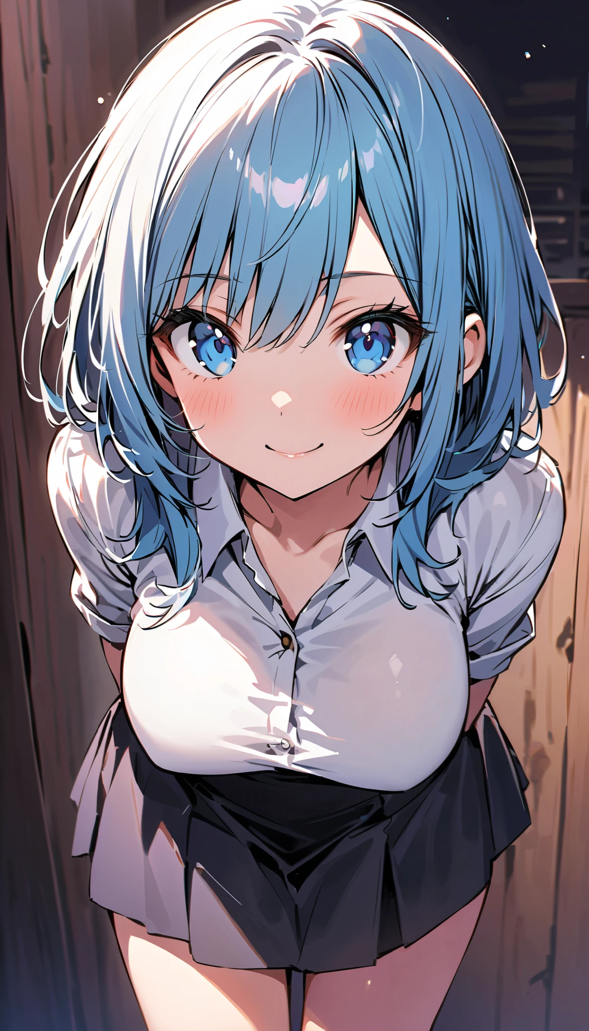 Anime girl with blue hair and blue eyes in a short skirt - SeaArt AI