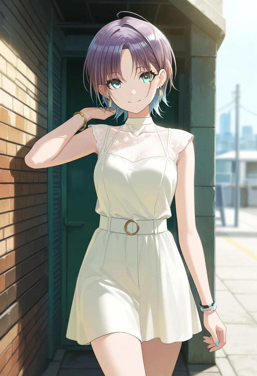 score_9, score_8_up, score_7_up, source_anime,asakura toru, short hair, brown hair, blue hair, blue eyes, 1girl, solo, dress, looking at viewer, ahoge, jewelry, earrings, smile, white dress, parted bangs, bracelet, sleeveless dress, masterpiece,best quality, good quality, ,,outdoors,  shanimas, thighs ,                                                                                                                                                     