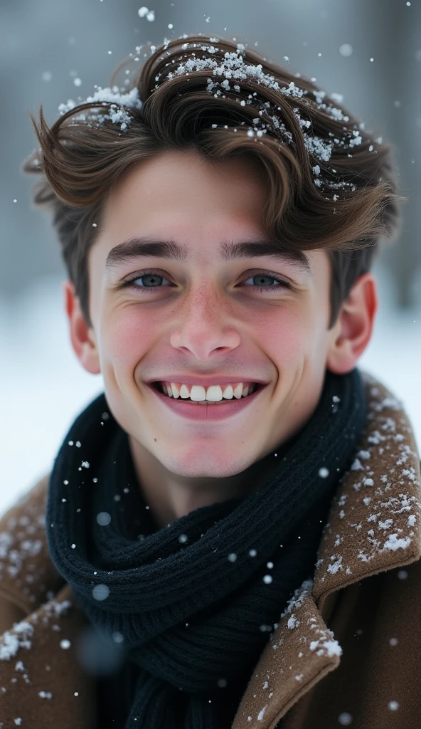 ((( masterpiece ))), (((Highest quality))), ((Very detailed)), (photograph), ((Very delicate and beautiful )), High resolution,
One boy, Age 25,
(Detailed eyes), (Detailed facial features), (Detailed Weapons), (Detailed fingers), (Leg details),
(Eyes visible through hair), ((Drunk Eyes)), (Embarrassing :1.2),
(Toothless smile), (((Fuller lips))),
(Snow Scene), (Upper Body), Grey coat,
((Dim Light)), ((Film Grain)), ((Single-lens reflex camera)), ((35mm lens focal length))