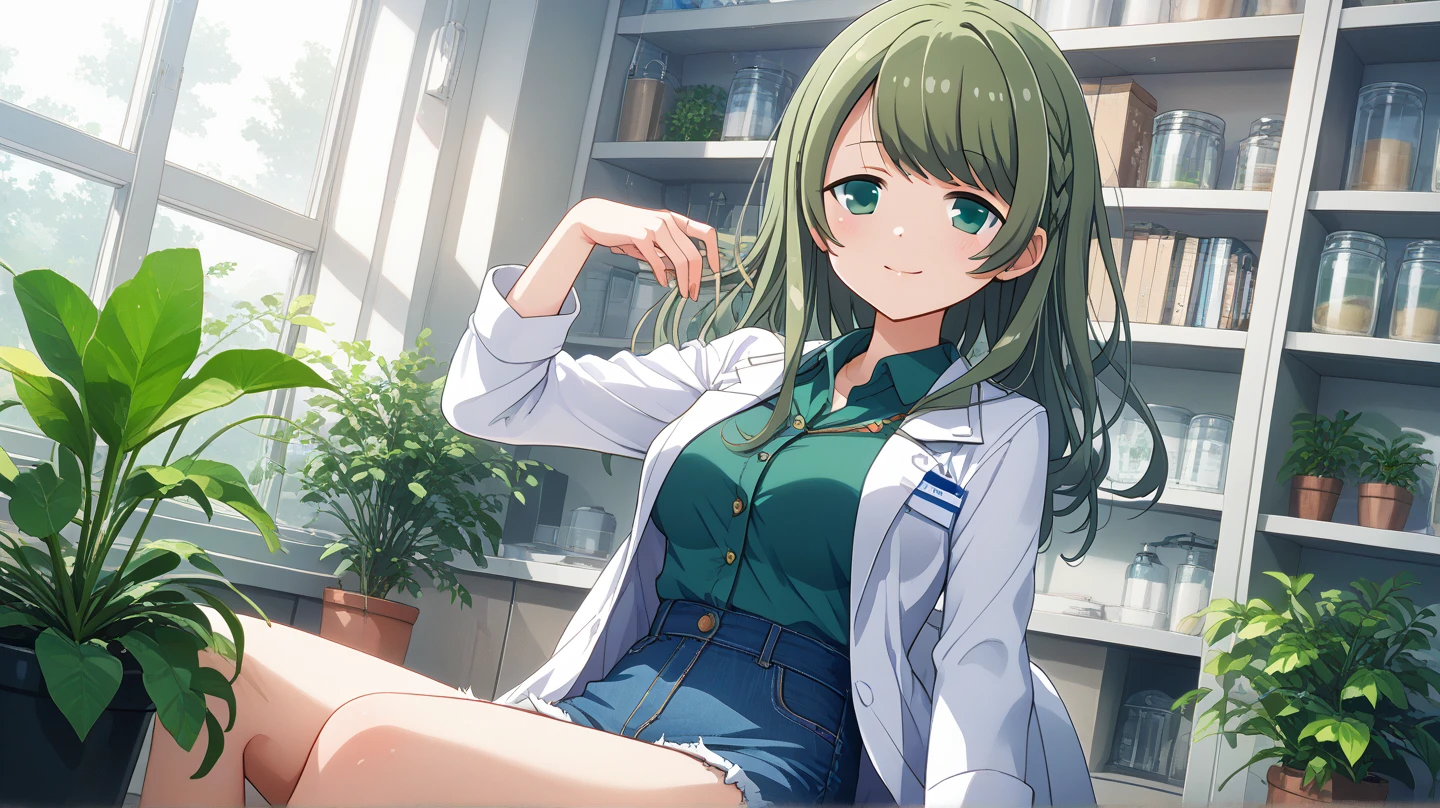 (masterpiece, best quality), highly detailed background, perfect lighting, best quality, batogakurumi, solo, looking at viewer, smile, closed mouth, green hair, swept bangs, long hair, green eyes, large breasts, lab coat, open coat, collared shirt, green shirt, denim shorts, indoors, greenhouse, plants