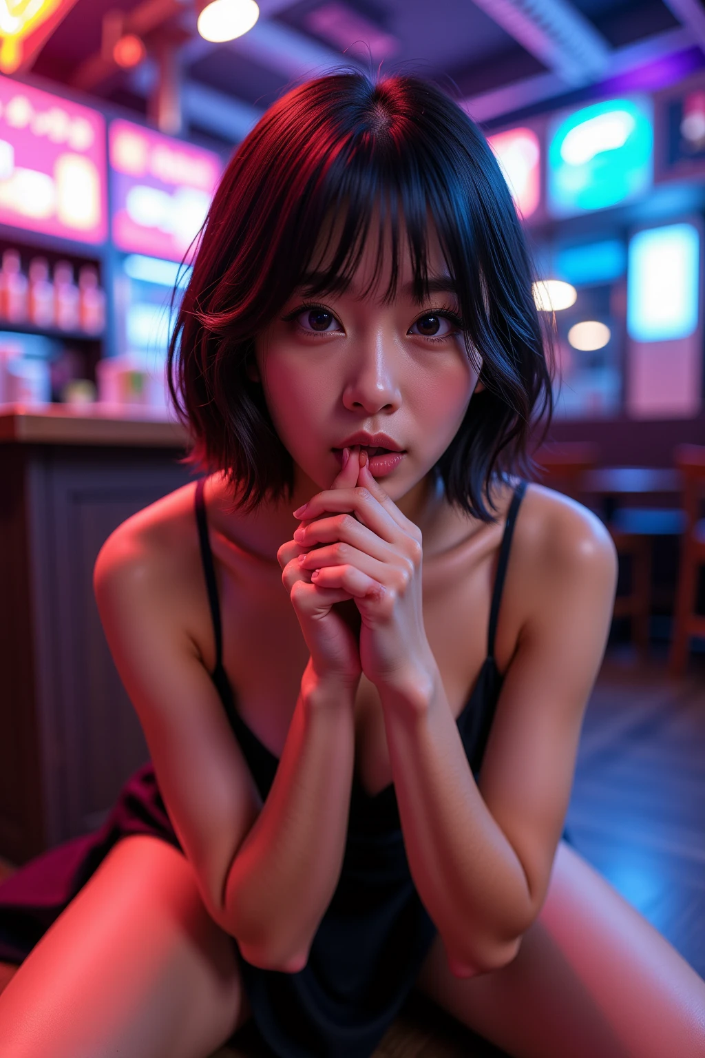 Inside Nightclub, (Raw photo: 1.2), of the highest quality, Beautiful detailed girl,  japanese,18years old,BREAK,(fellatio gesture:1.5),BREAK,(Lightly squeezed hand in front of mouth:1.5),BREAK,(Squint your eyes
,chuckle,erotick eyes,seductive eyes,stick out tongue ,long tongue,front lighting,:1.3),not too long tongue,BREAK,,(Lightly squeezed hand in front of mouth:1.5), very thin body,High resolution,allfours,8K Wallpaper,Highly detailed eyes and face, Beautiful detailed eyes, Fine detail, Highly detailed ticker uniform 8K wallpaper, Light on Face, Sexy Pose, (Photorealism: 1.4),bright place, From below, Super Detail, masterpiece,  On all fours,looking up,spot lighting,e,front lighting,,not open eyes large,Luminous and colorful lighting setup for model photography,lens flare,, cinematic lighting, ray tracing,(not bad anatomy:1.3)