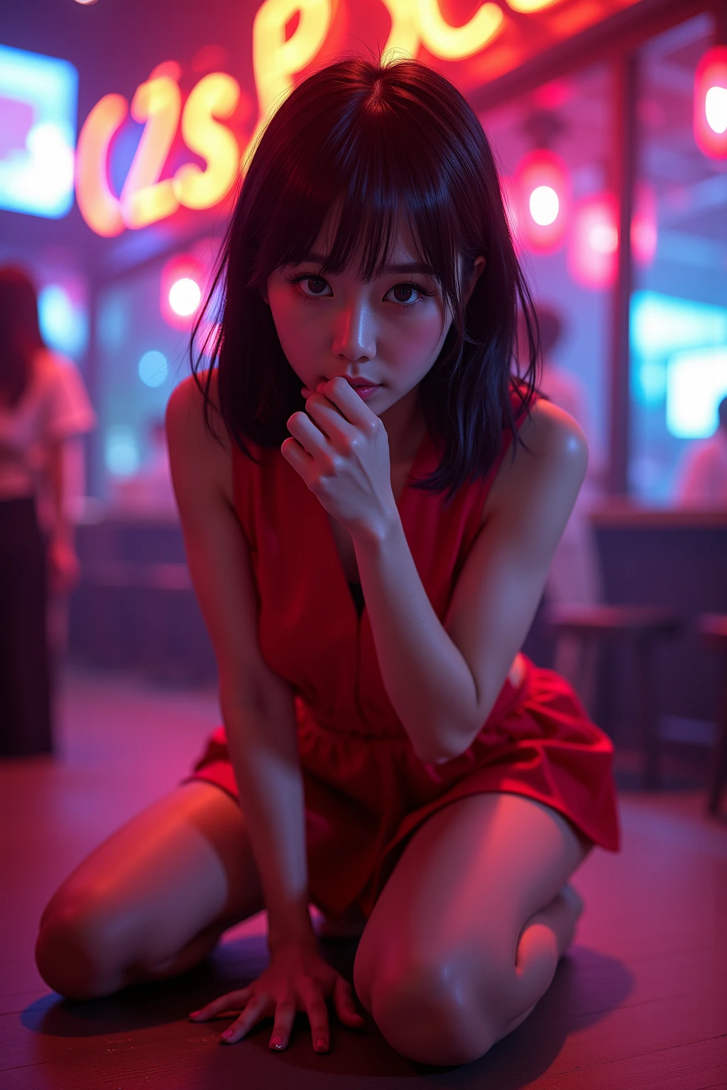 Inside Nightclub, (Raw photo: 1.2), of the highest quality, Beautiful detailed girl,  japanese,18years old,BREAK,(fellatio gesture:1.5),BREAK,(Lightly squeezed hand in front of mouth:1.5),BREAK,(Squint your eyes
,chuckle,erotick eyes,seductive eyes,stick out tongue ,long tongue,front lighting,:1.3),not too long tongue,BREAK,,(Lightly squeezed hand in front of mouth:1.5), very thin body,High resolution,allfours,8K Wallpaper,Highly detailed eyes and face, Beautiful detailed eyes, Fine detail, Highly detailed ticker uniform 8K wallpaper, Light on Face, Sexy Pose, (Photorealism: 1.4),bright place, From below, Super Detail, masterpiece,  On all fours,looking up,spot lighting,e,front lighting,,not open eyes large,Luminous and colorful lighting setup for model photography,lens flare,, cinematic lighting, ray tracing,(not bad anatomy:1.3)