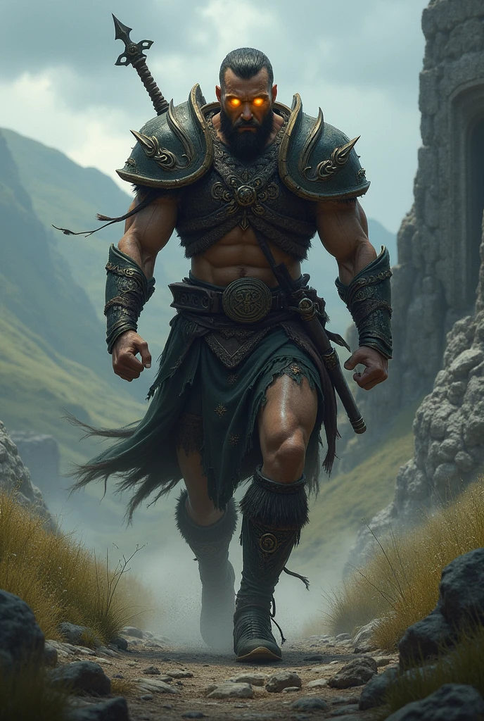 A robust, muscular warrior with entirely brown hair, dressed in green and black attire. He stands powerfully in the middle of a vast, rugged field, surrounded by the raw, natural beauty of the terrain. His massive, clenched fists are the only weapons he needs, showcasing his formidable strength and his connection to the earth. The ground beneath him appears to be shifting and responding to his presence, with subtle tremors and movements in the soil emphasizing his control over the element. His stance is firm and commanding, with his eyes glowing with a deep, earthy intensity that highlights his mastery of earth magic. The scene captures a dramatic and imposing presence, with the background displaying a rugged field, partially disturbed by the warrior’s earth manipulation. The image is rendered in a photorealistic, hyper-realistic 8k style, with studio lighting, featuring rich, natural colors, detailed textures of the soil, and dramatic lighting that accentuates the warrior's raw power and connection to the earth.