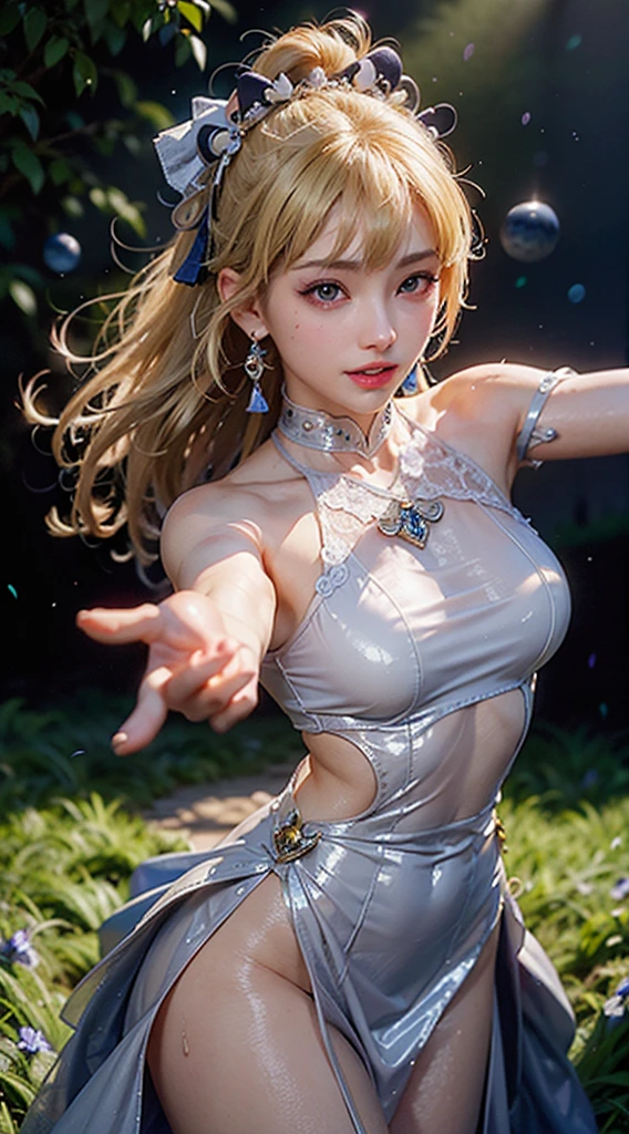 (Masutepie: 1.3), (max resolution: 1.2), (Ultra HDTV: 1.2), cinematic lighting, 8K resolution, Eye and skin details, detailed facial features, , ( Sharp focus: 1.2), ( Face focus: 1.2) , Perfect styling, Beautiful, sharp face, Anatomically accurate, Highly detailed facial and skin structure, Extremities Eye details, Double eyelids, Thin eyebrows, Glitter eyeliner: 1 Natural cheeks, Shiny skin, White skin: 1.2, (Lip gloss: 1.4), 、 (Shy look: 1.2), Finish details Skin texture and face, Detailed eyes, Double eyelids, Natural cheeks, Glossy lips: 1.4, Protruding cleavage 、 （Large sperm count in breasts: 1.4） （Large sperm count in thighs: 1.2) 、blushing, shyness, impatience, frustration, fear of embarrassing glares, opening knees, spreading legs, masturbation behavior, fondling breasts, white underwear, black bra, necklace and shiny little flower ears Long stockings, sweaty thighs, transparent underwear, 25 years old, Neat and tidy Clean woman、Blonde hair、Colored hair、Long hair, Big breasts, Upturned, Sitting on top floor, Bedroom、(complete maid outfit) perfect: 1.5), long blonde hair, (Lucy)