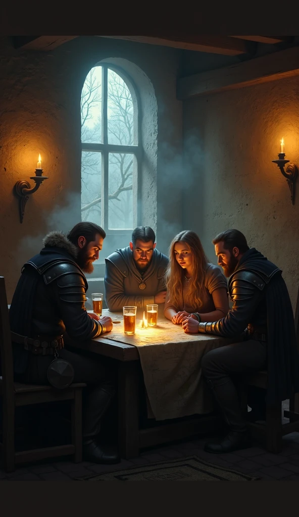 in a medieval tavern, 1female human, 1male elf, 1male orc, 1dragon humanoid, 1female halfling. detailed, cinematic lighting, photorealistic, intricate details, warm color palette, dramatic shadows, moody atmosphere, fantasy art, farewell