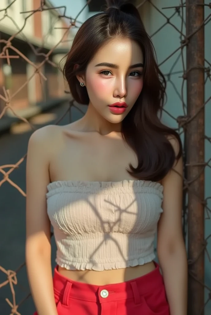 Beautiful girl,Young Chinese,19years old,Fashionab,vests,hot pant,long leges,Wear slippers,White skin,Delicate facial features,largeeyes,long eyelasher,Blushlush,vred,Unhappy,scowling,Pout,Urban outdoors,Full body photo,in a panoramic view,Raised sexy,Height is 170 cm,Weight 45 kg