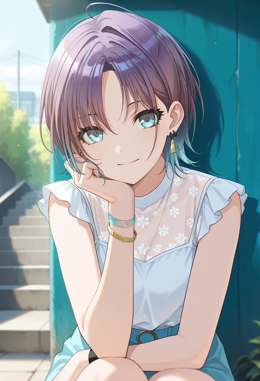  masterpiece,best quality, good quality, ,,outdoors,  shanimas,  source_anime,asakura toru, short hair, brown hair, blue hair, blue eyes, 1girl, solo, looking at viewer, ahoge, jewelry, earrings, smile, white shirt,, parted bangs, bracelet, sleeveless dress,                                                                                                                                                       